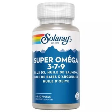 SOLARAY - Super Om&eacute;ga 3-7-9 - Plus D3, huile de saumon, de baies d'argousier et d'olive 60 g&eacute;lules