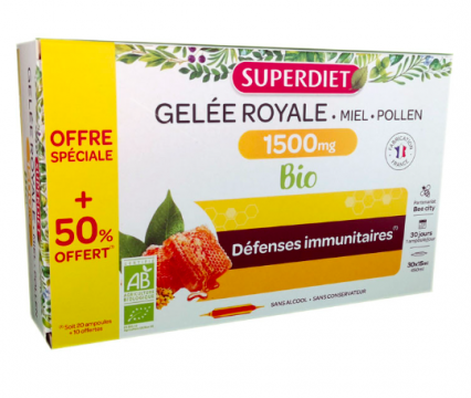 SUPERDIET - Gel&eacute;e Royale miel pollen bio 1500mg 30 ampoules 15ml - Offre sp&eacute;ciale +50% OFFERT