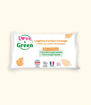 LOVE &GREEN - Lingettes Hypoallergéniques à la fleur d'oranger paquet de 64