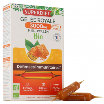 SUPERDIET - Gel&eacute;e Royale 3000mg Miel Pollen Bio - D&eacute;fenses immunitaires 20 ampoules x 15ml