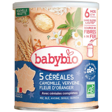 BABYBIO - Cinq C&eacute;r&eacute;ales Riz Bl&eacute; Avoine Seigle Quinoa Camomille Verveine Fleur d'oranger 220g