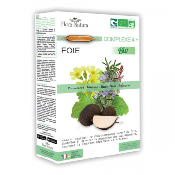 FLORA NATURA - Complexe 4+ Foie Bio Fumeterre, m&eacute;lisse, radis noir et romarin 20 ampoules de 15ml