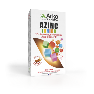 ARKOPHARMA - Azinc Junior - 12 vitamines 5min&eacute;raux oligo-&eacute;l&eacute;ments go&ucirc;t cola 30 comprim&eacute;s &agrave; croquer 1 mois