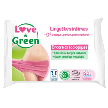 LOVE & GREEN - Lingettes Intimes Apaisantes &Eacute;cologique x 20 lingettes