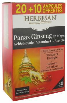 HERBESAN - Panax Ginseng CA Meyer Gel&eacute;e Royale Vitamine C Ac&eacute;rola 20 ampoules buvables x 15ml + 10 offertes