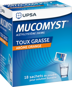 MUCOMYST ACETYLCYSTEINE 200mg UPSA - Toux grasse ar&ocirc;me orange 18 sachets