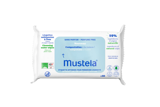 MUSTELA - Lingettes nettoyantes &agrave; l'eau compostables 60 unit&eacute;s